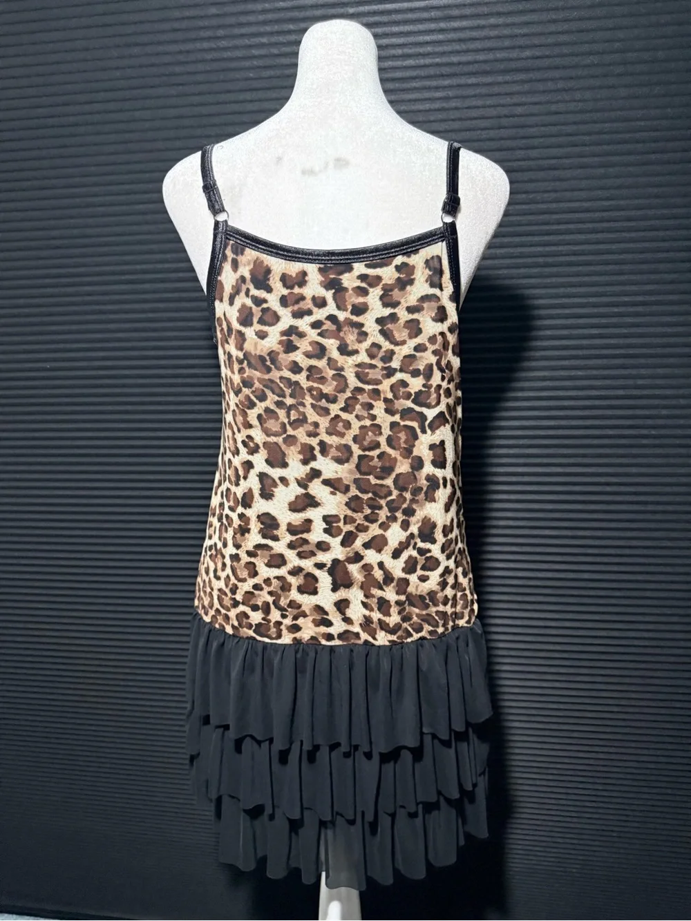Leopard Print Cowl Neck Slip Dress with Black Tiered Skirt